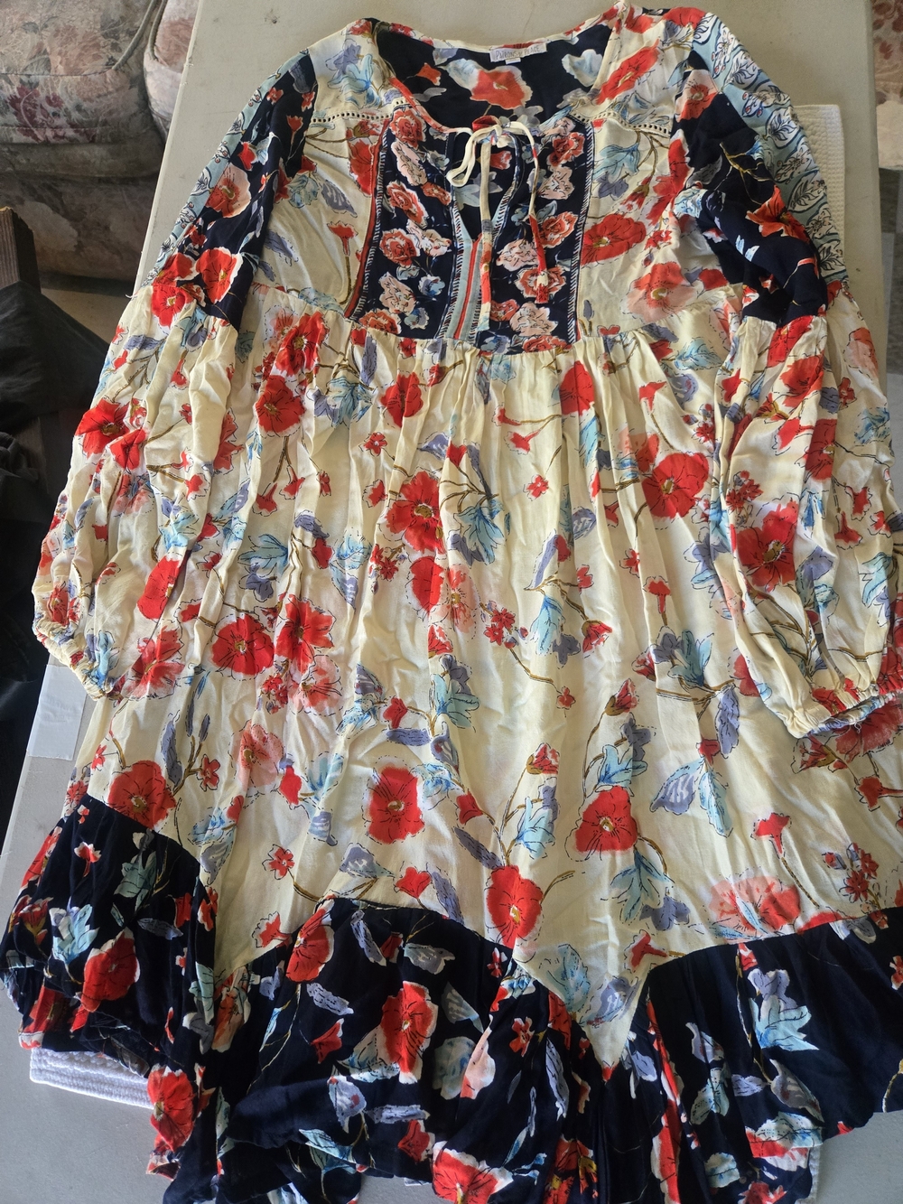 Patrons of Peace Cream Floral Boho Dress with Navy Panels